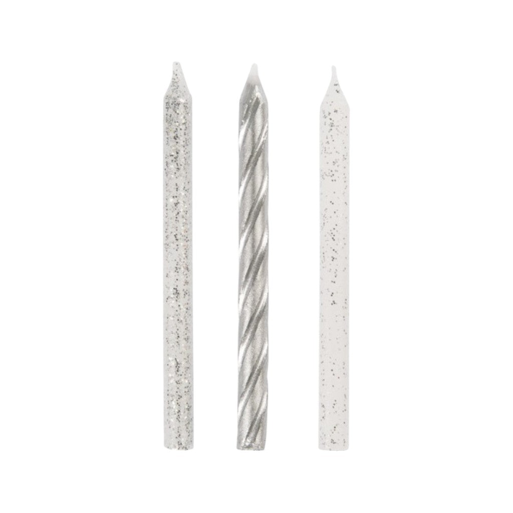 Geburtstagskerzen Silber Spirale & Glitzer, 24 Stück