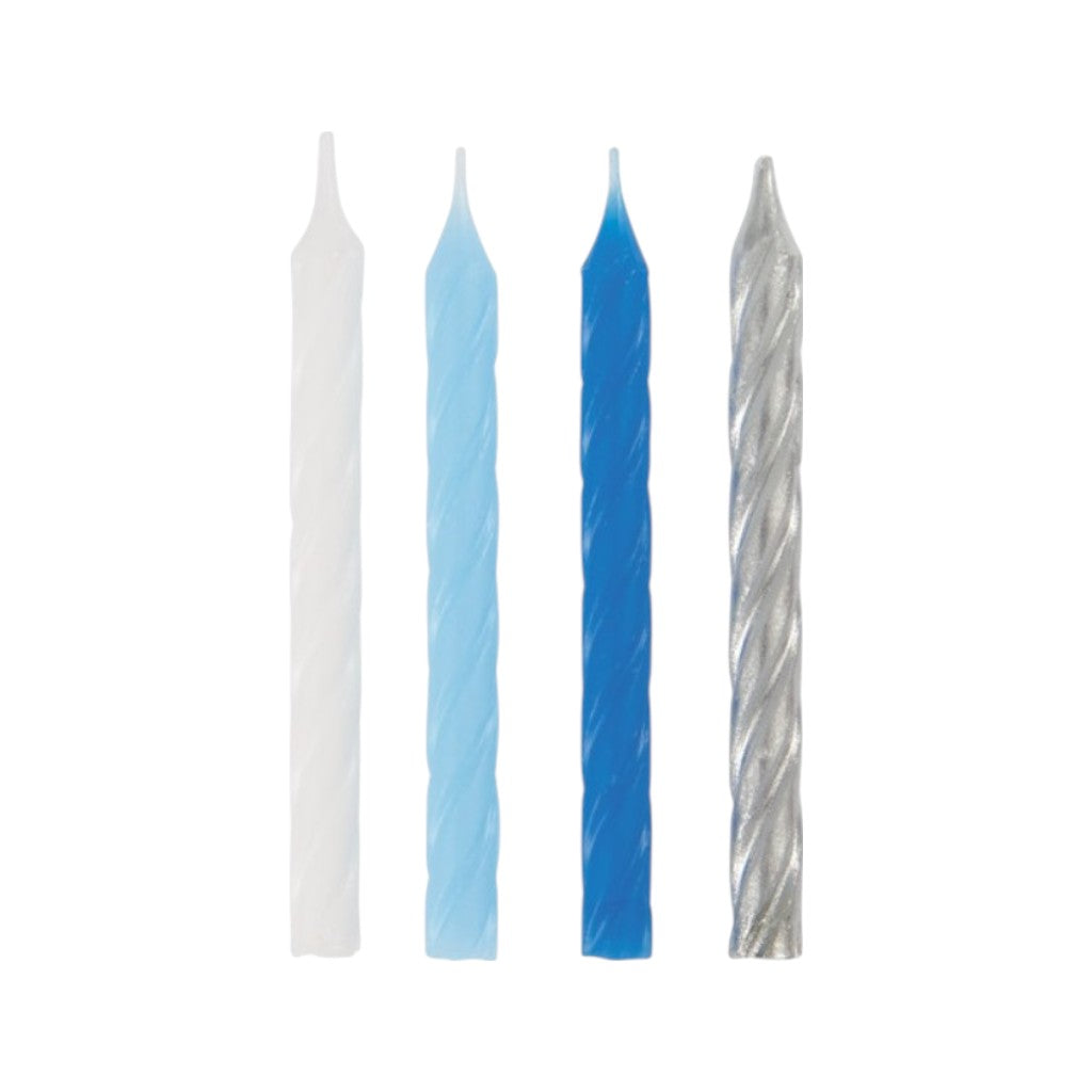 Geburtstagskerzen Blau, Weiss & Silber Spirale, 24 Stück